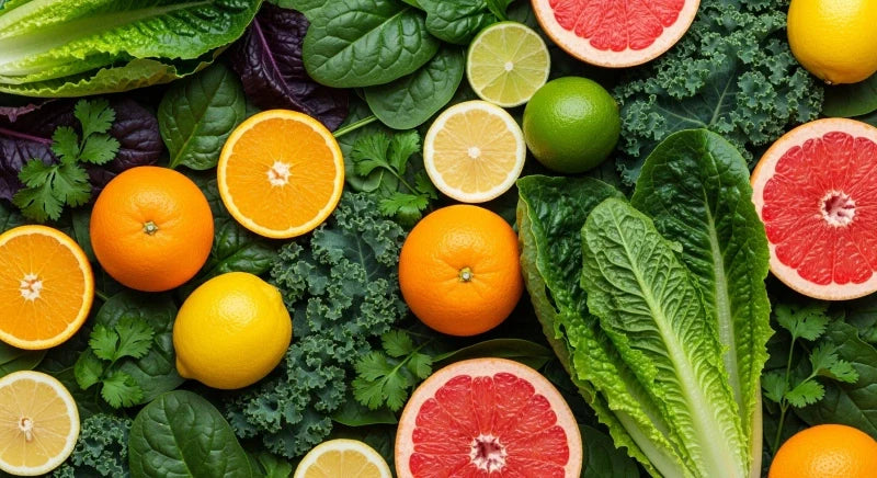 A vibrant display of fresh citrus fruits, including oranges, lemons, and grapefruits, alongside leafy greens, highlighting the importance of a nutrient-rich diet for health and wellness.