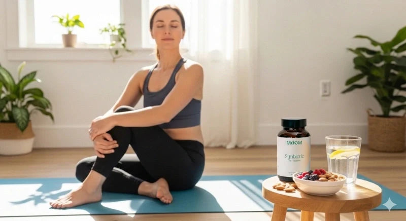 A woman practicing yoga in a bright, airy room with a bottle of MOOМ Synbiotic digestive health supplements and a glass of water on a nearby table, emphasizing a balanced lifestyle and gut health.