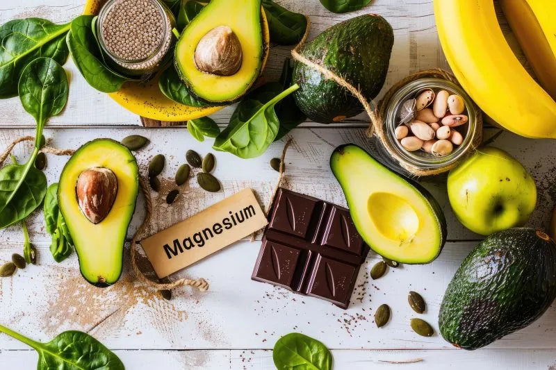 Healthy magnesium-rich foods including avocados, bananas, spinach, and dark chocolate, with a label reading 'Magnesium,' showcasing natural sources of magnesium glycinate.