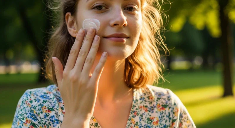 A woman applying sunscreen outdoors in a park, promoting skin health and protection from UV damage, a step that complements the benefits of Polypodium leucotomos supplements.