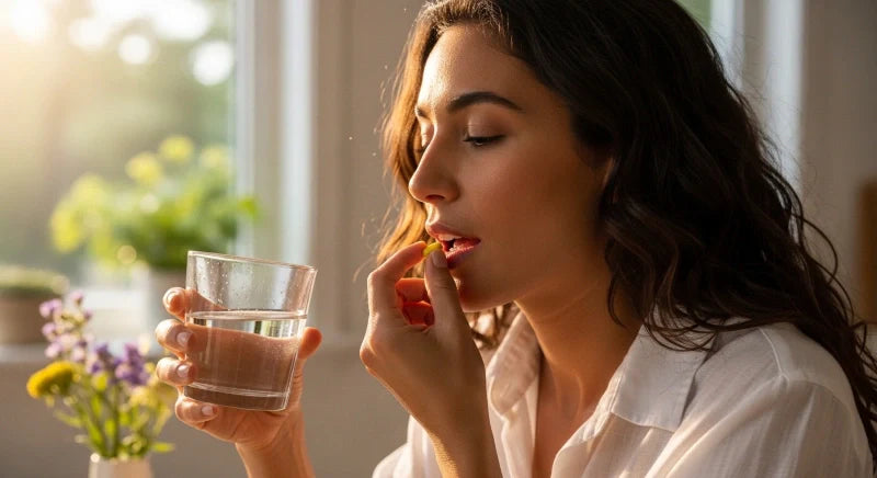 A woman taking a fertility supplement with a glass of water, showcasing a moment of self-care to support reproductive health.